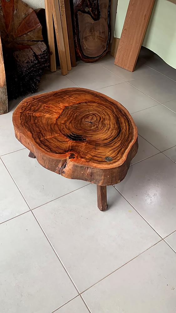 Mesa de centro baixa feita de bolacha de tronco sobre três pés de madeira